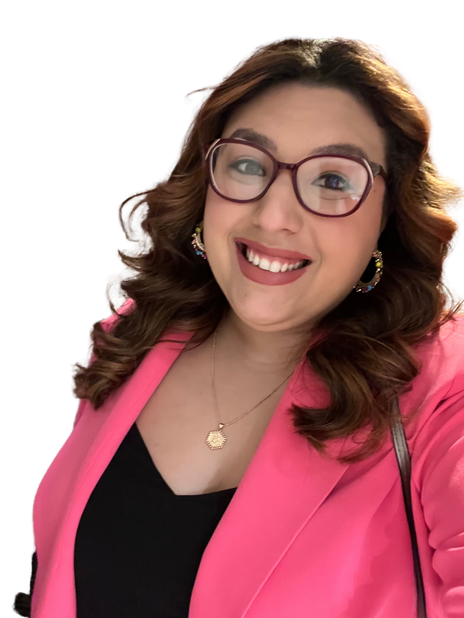 a person wearing glasses and a pink blazer